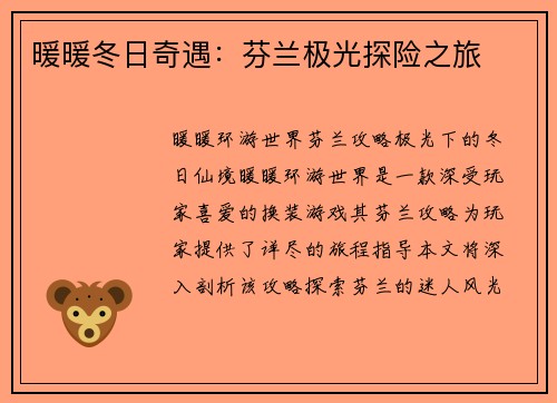 暖暖冬日奇遇：芬兰极光探险之旅
