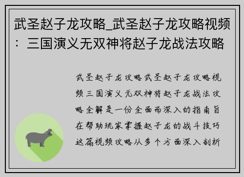 武圣赵子龙攻略_武圣赵子龙攻略视频：三国演义无双神将赵子龙战法攻略全解