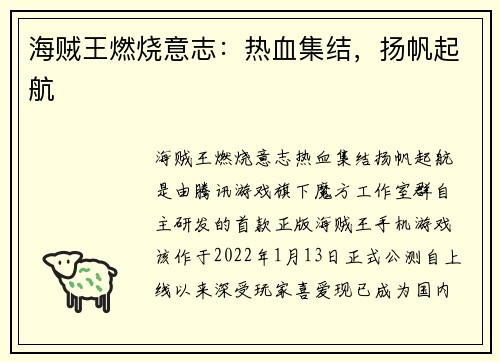 海贼王燃烧意志：热血集结，扬帆起航