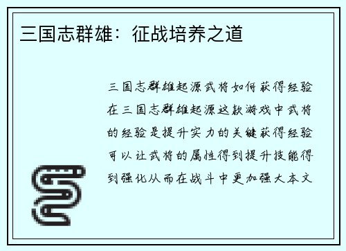 三国志群雄：征战培养之道