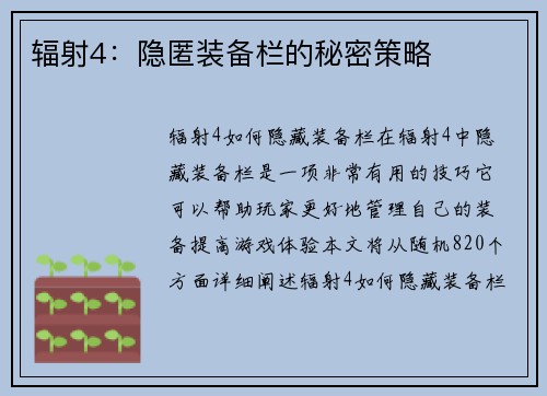 辐射4：隐匿装备栏的秘密策略