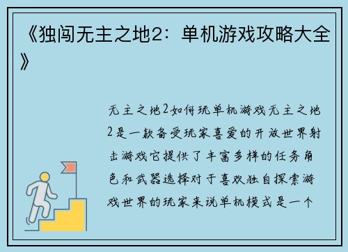 《独闯无主之地2：单机游戏攻略大全》